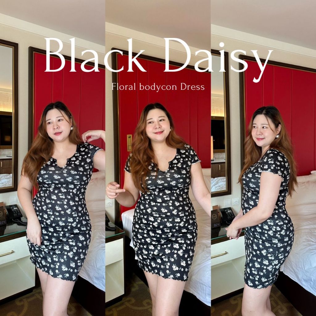 Black Daisy เดรสเข้ารูปลายดอกเดซี่สีดำผ้านิ่มยืดน่ารัก