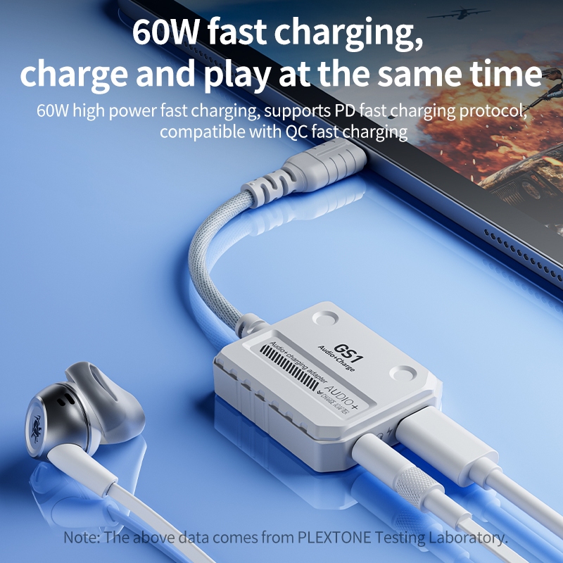 Plextone GS1 2 in1 หางหนู Type-C Gaming Audio Jack 3.5+Charge Adapter รองรับ PD 60w ฟัง คุย ชาร์จไปด