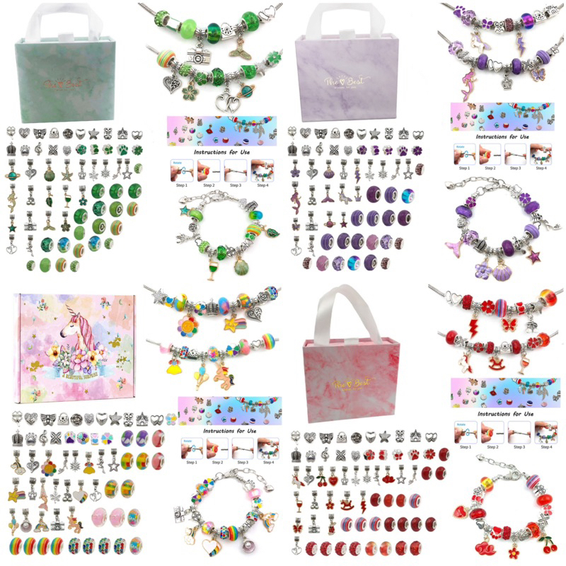 เด็กเสน่ห์สร้อยข้อมือทำชุดอุปกรณ์ลูกปัดสร้างสรรค์ DIY สร้อยข้อมือแฮนด์เมดคริสตัลเครื่องประดับเด็กสร้อยข้อมือกล่องของขวัญ