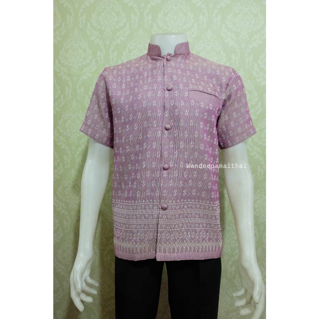 เสื้อลายขอผู้ชาย คอตั้ง คอพระราชทาน ผ้าทอลายขอเล็ก