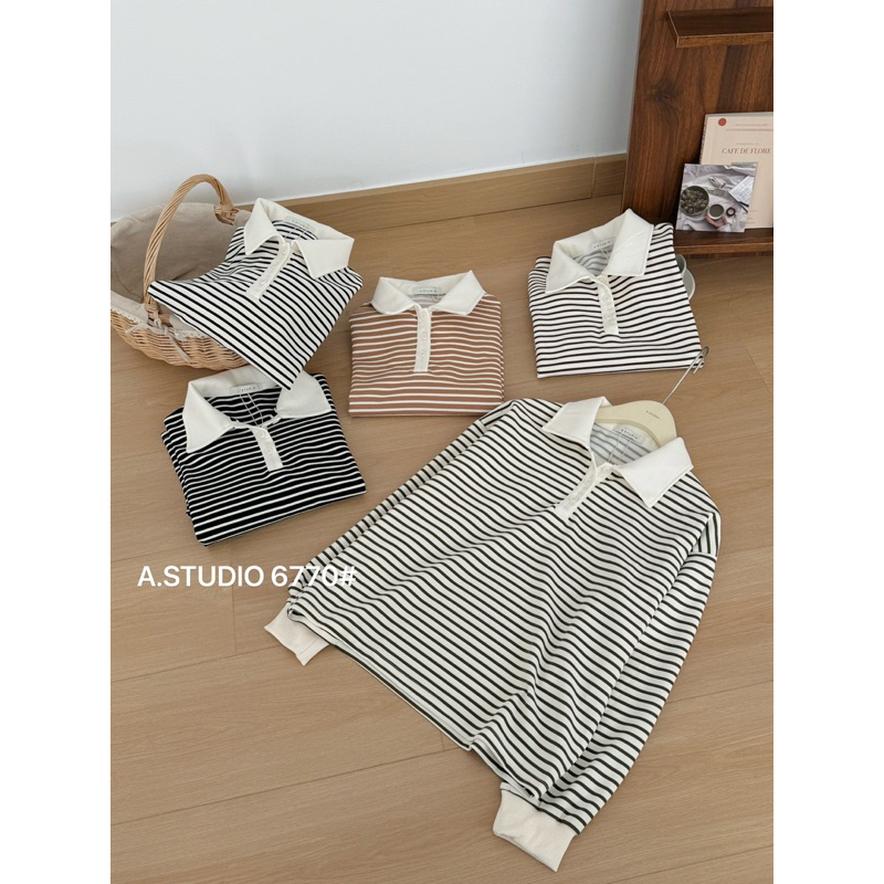 (A65) Bobby Polo (สินค้าพร้อมส่ง) เสื้อยืดคอปก ผ้าลายทางริ้ว กระดุมหน้า