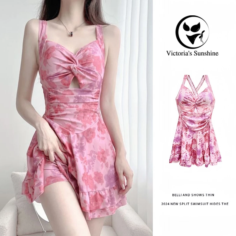 ไลฟ์สดลด50% ชุดไปทะเล ชุดว่ายน้ำกระโปรง เดรส ผูกคอ ซากุระสีชมพู ผ้าพรีเมี่ยม#0258