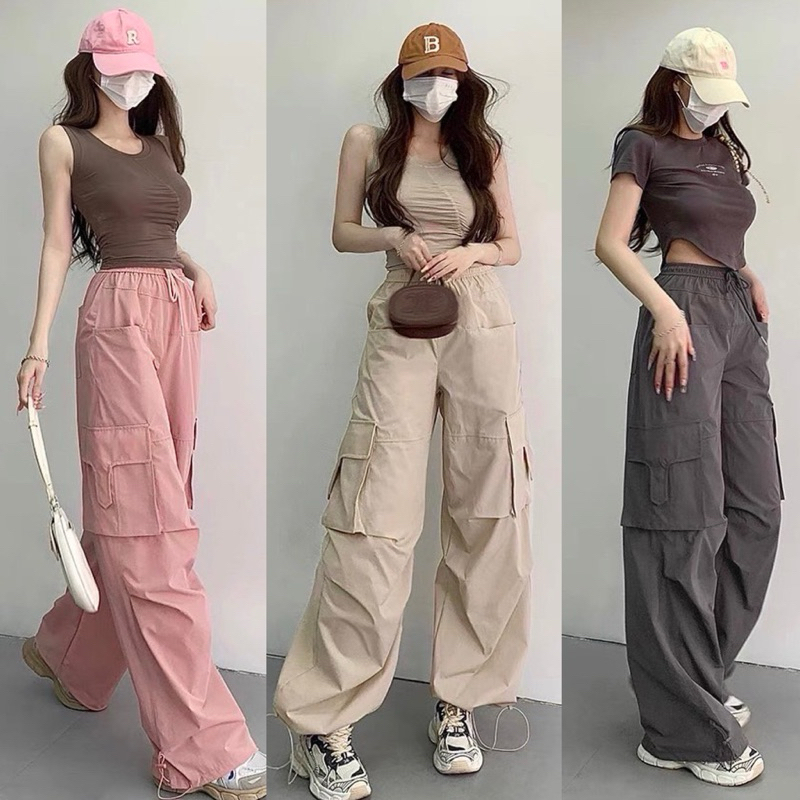 Gang_jeans#5188(A)กางเกงขายาวคาร์โก้ เชือกหน้า กระเป๋าเยอะ