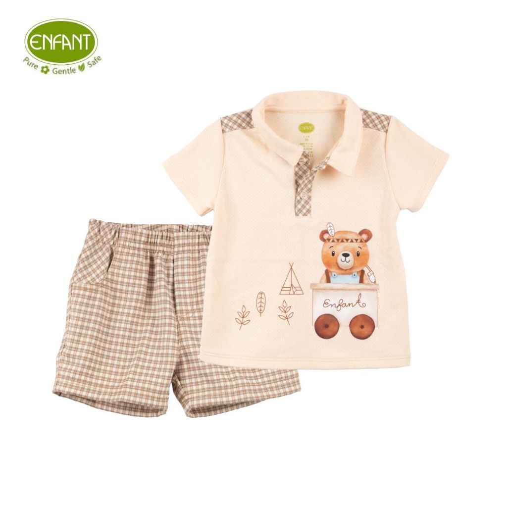 ENFANT (อองฟองต์) ชุดเสื้อเชิ้ต+กางเกง สำหรับเด็กอายุ 3-6 เดือน คอลเลกชั่น หมีกางเต็นท์ ผ้าคอตตอนออร์แกนิก สีครีม