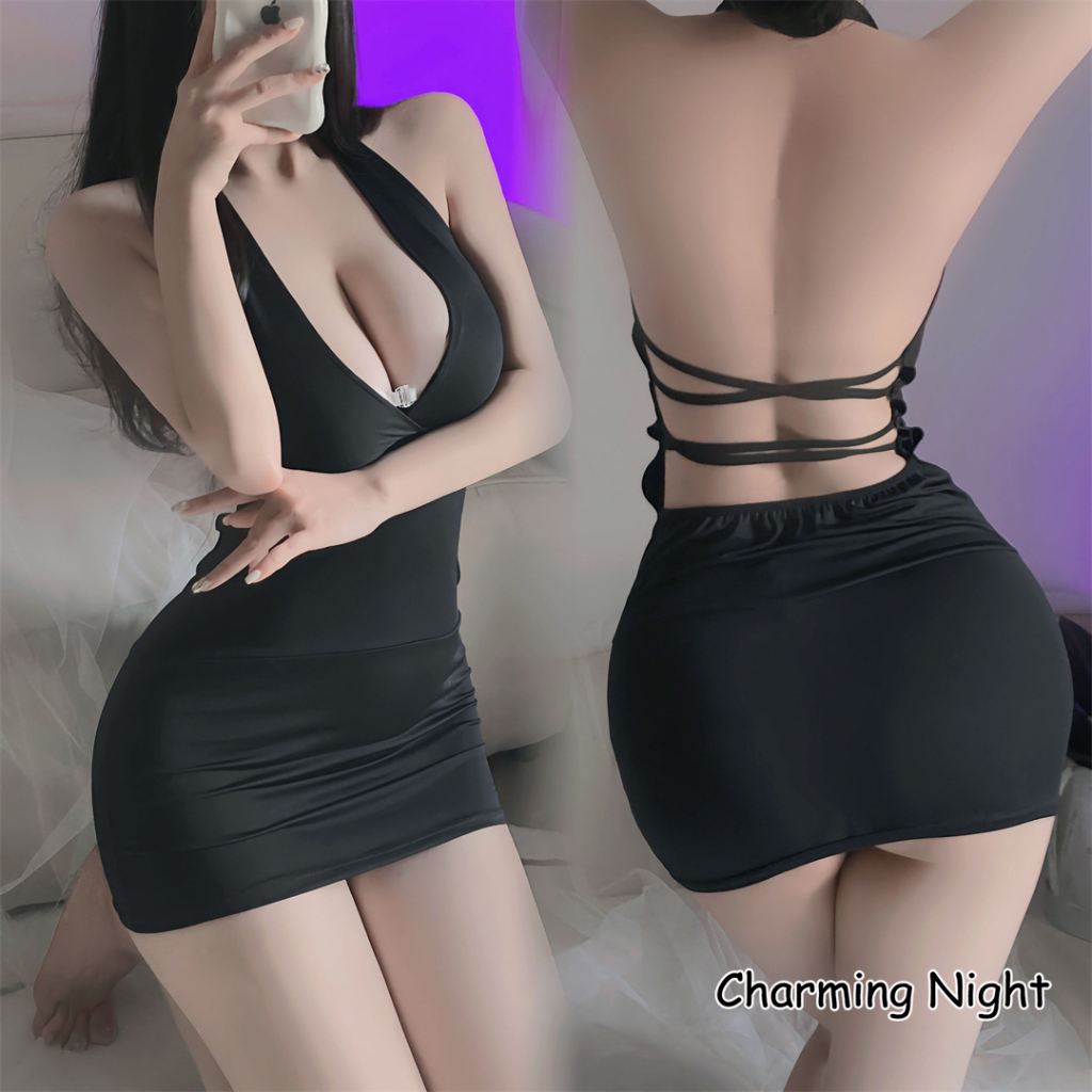 ชุดนอนsexy กระโปรงไนท์คลับคล้องคอ🌸คอวีลึก ชุดนอน xxl🌙พร้อมส่งจากไทย H9115