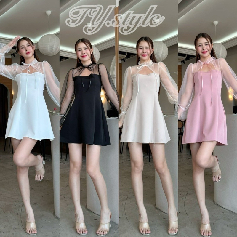 PT closets ♡ ✔️พร้อมส่ง✔️ เดรสสั้น คอระบายผูกโบว์ แต่งแขนมุ้งยาว ด้านหลังสมอคผูกโบว์น่ารักๆ #EVD57