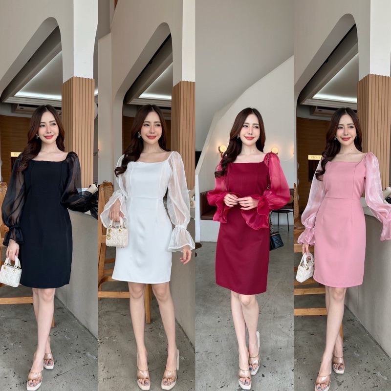 C98-Elsa dress เดรสแขนพองฟรุ้งฟริ้ง ทรงสอบเข้ารูปสวย ปลายแขนใส่เรเยอร์จับจีบปลาย