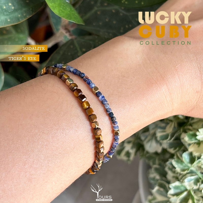 สร้อยข้อมือหิน " ไทเกอร์อาย " โซดาไลท์ " แท้ 100% ทรงลูกบาศก์  ขนาด 2-3mm กำไลหินนำโชค หินมงคล Tiger's Eye, Sodalite