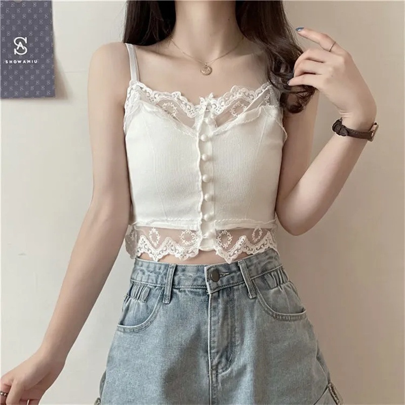 C05 เสื้อสายเดี่ยวสีขาว-ดำ แต่งระบายลูกไม้ สายปรับได้