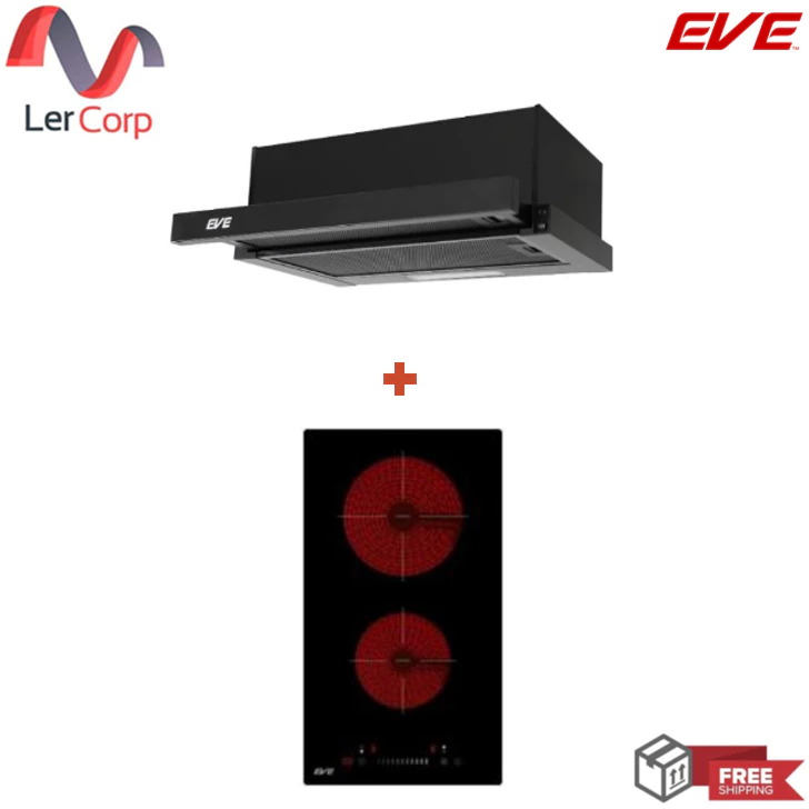 (Eve) เครื่องดูดควันสีดำแบบฝังรางเลื่อน รุ่น HS-BKT62C-60 + เตาไฟฟ้าเซรามิค 2 หัว แบบฝัง HB30-2CEMSC ฟรี แผ่นกรองคาร์บอน