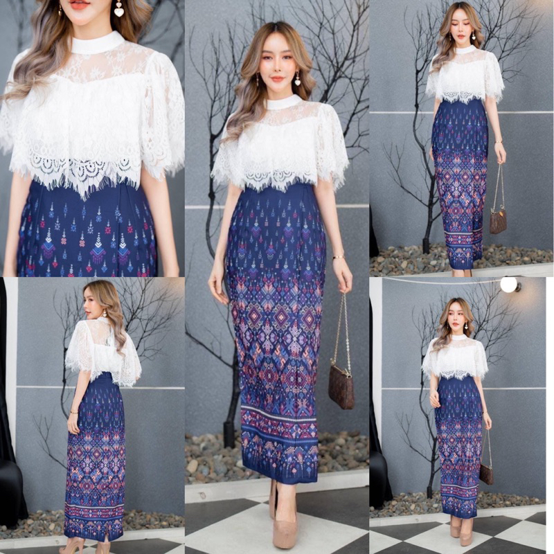 🧡พร้อมส่ง S-3XL🧡ป้าย Love Lady💕Set เสื้อลูกไม้ พร้อมผ้าถุงพิมพ์ลาย สีน้ำเงิน ชุดผ้าไทย สวยมาก