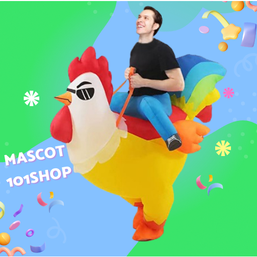 ชุดขี่ไก่เป่าลม ชุดขี่ไก่พองลม มาสคอตไก่แว่นดำเป่าลม ชุดแฟนซีเป่าลมสำหรับผู้ใหญ่