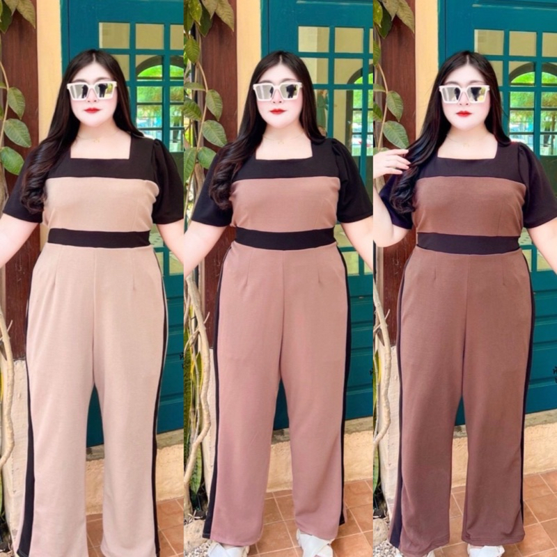 สาวอวบ จั๊มยาวสาวอวบ จั๊มสูทขายาว ทรงผอม แถบข้าง คอเหลี่ยม อก 38 40 42 44 46 48 50 52