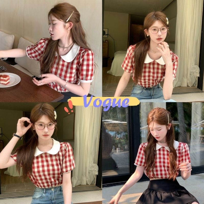 Vogue พร้อมส่ง เสื้อไหมพรมคอบัว ลายสก๊อตน่ารักเกาหลีเกาใจ (Y2702)