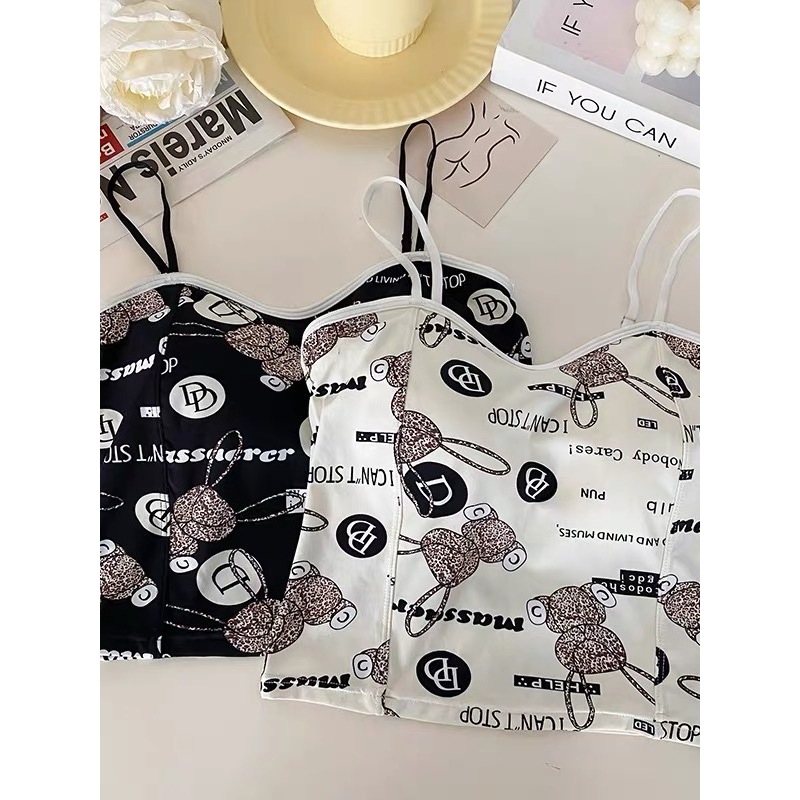 เสื้อสายเดี่ยวพิมพ์ลาย ผ้าฝ้าย สไตส์น่ารัก มีฟองน้ำฝ้ายB817