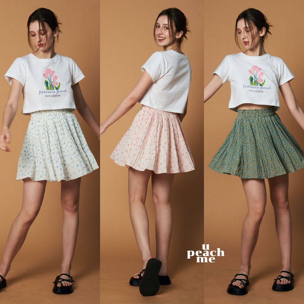 upeachme(H7.1) RIWRIW SKIRT (เอว24-40) กระโปรงพลีทสั้นเอวสูงลายดอกไม้มีซับในกางเกง กระโปรงพลีทสั้น
