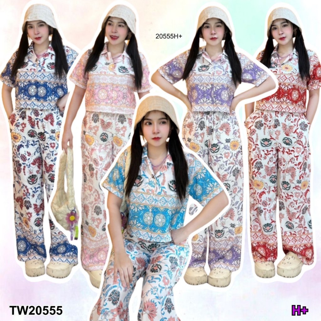 TwinsShopVip พร้อมส่ง TW20555 Set 2 ชิ้น เสื้อเชิ้ตแขนสั้นพิมพ์ลาย แบบครอป + กางเกงขากระบอกยาว เสื้อครอป