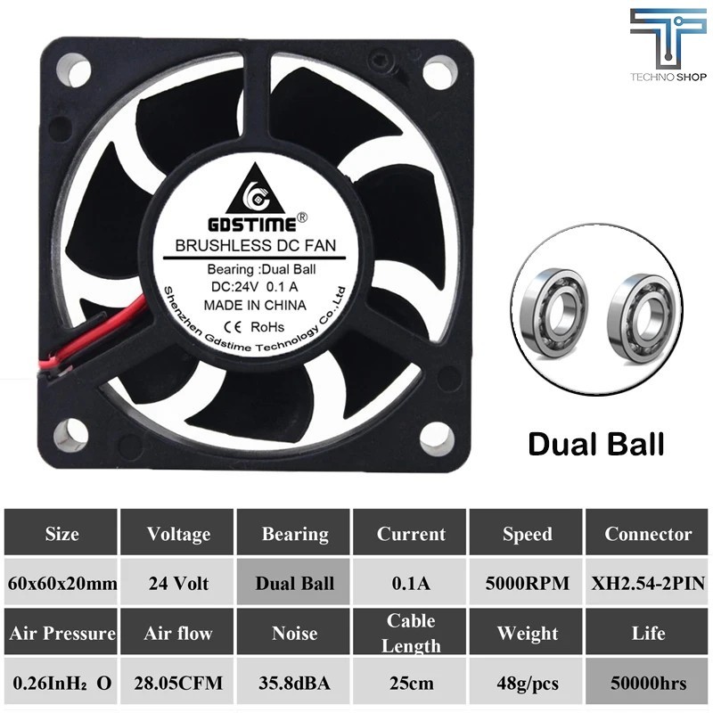 GDSTIME 24V 6020 Dual Ball Bearing 5000 RPM Axial Fan 3D Printer Cooling Fan 60mm
