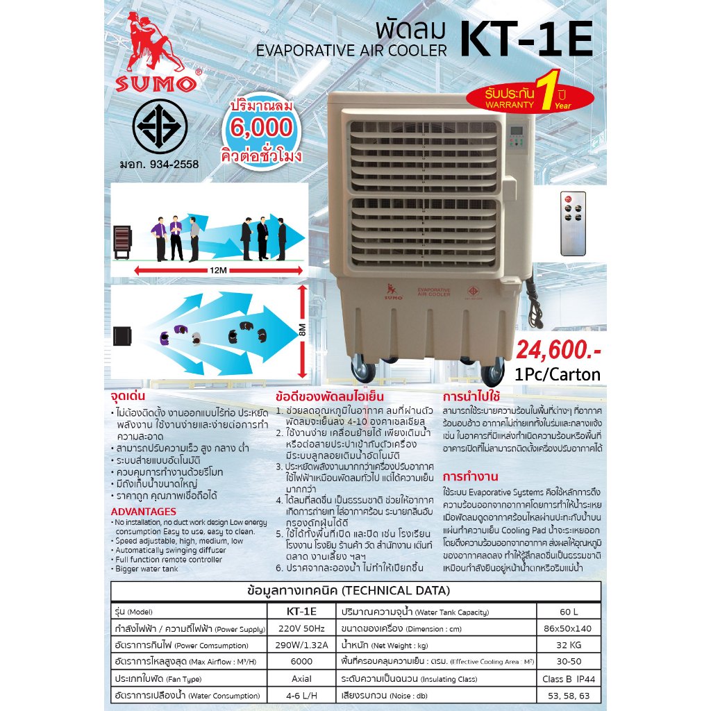 พัดลมไอเย็น รุ่น KT-1E SUMO Evaporative air cooler KT-1E SUMO.