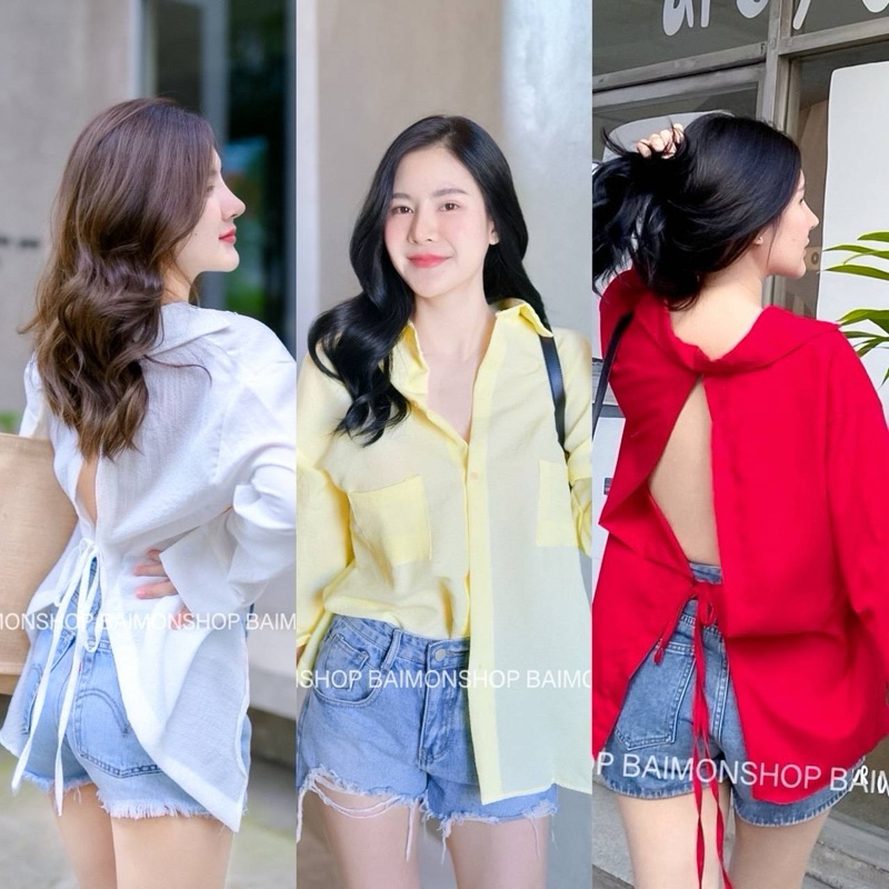 aimorn_shop เสื้อเชิ้ตแขนยาว เสื้อเชิ้ตผูกหลัง เซกซี่มาก ใส่คลุม แมทง่ายเข้าได้กับทุกชุด