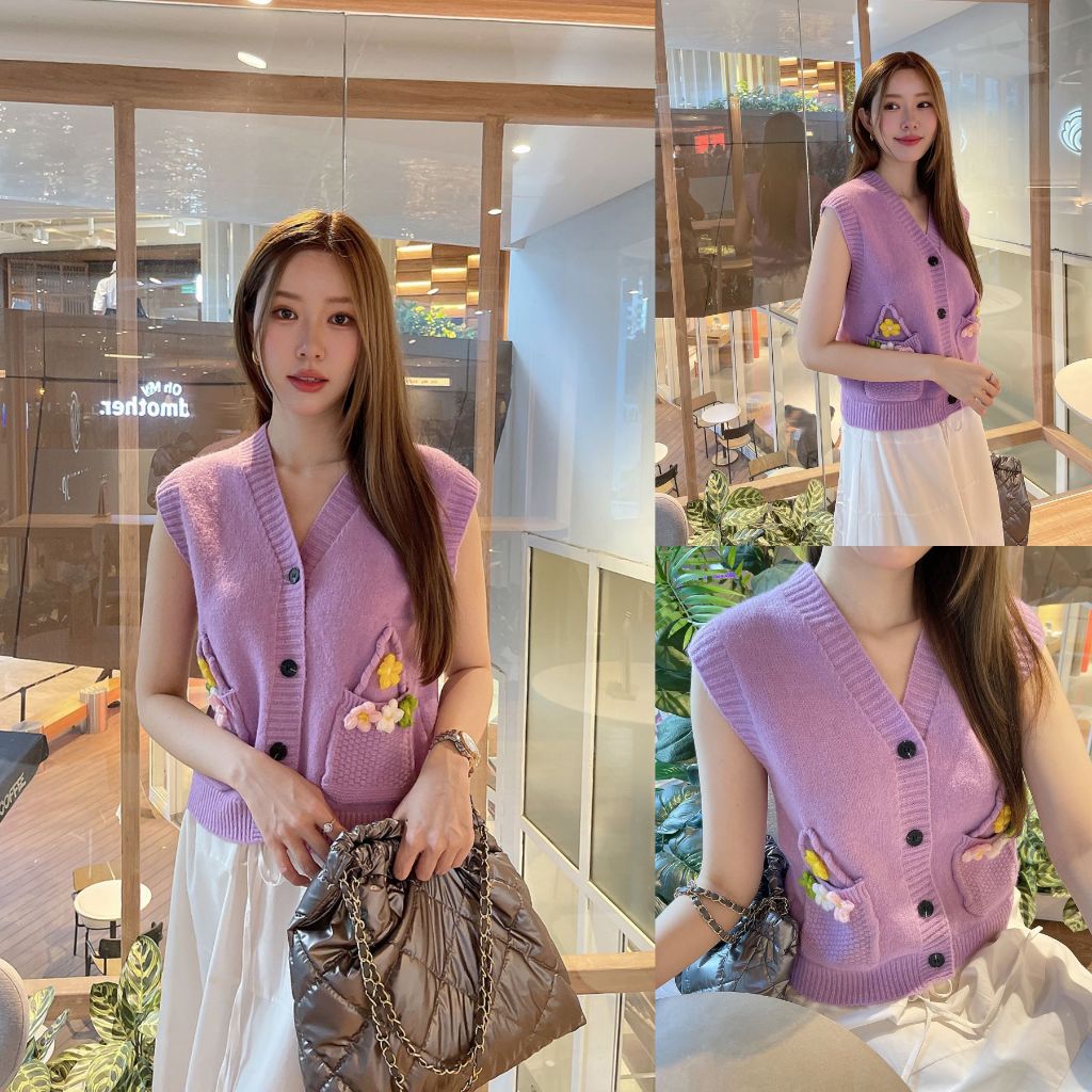 เหลือง/ม่วง SLYQ FLOWER BASKET KNIT VEST เสื้อกั๊กไหมพรมกระดุมหน้าปักลายตะกร้าดอกไม้