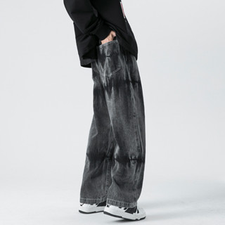 กางเกงยีนส์ขากระบอกตรง Snap wave กางเกงยีนส์ฟอกลายมัดย้อม เฟ…