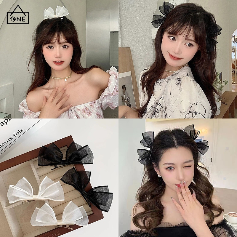 COD กิ๊บติดผมโบว์ผ้าตาข่ายสีดำหรูหราสไตล์เกาหลีแฟชั่นหน้าม้าคลิปด้านข้างหวานนักเรียนเครื่องประดับผมเด็กผู้หญิง-a.one
