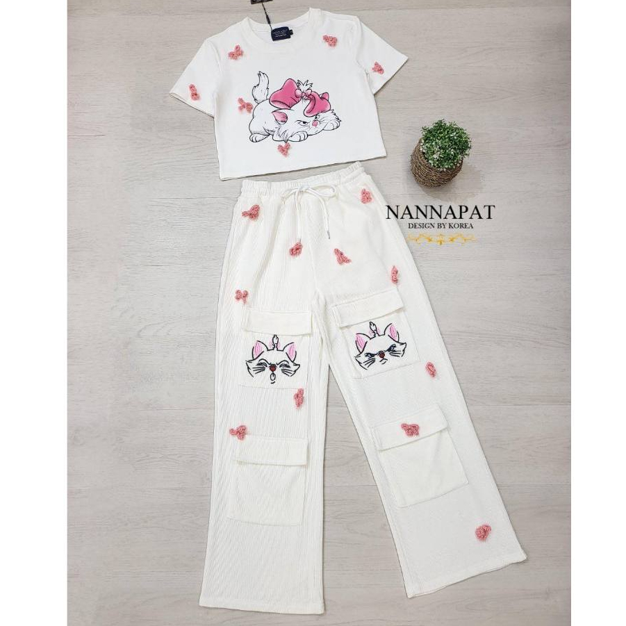 Nannapat : Set เสื้อ+กางเกงขายาว น้องแมวสีขาว XL งานป้าย ชุดงานป้าย