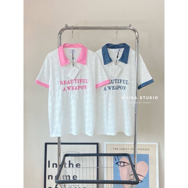 Aviva studio 💗💙 เสื้อลูกไม้คอโปโลชมพู