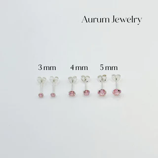 Aurum Jewelry: ต่างหูเงิน เพชร cz กลม สีชมพู รุ่น Aurum Silver Studs (ราคาต่อ 1 คู่)