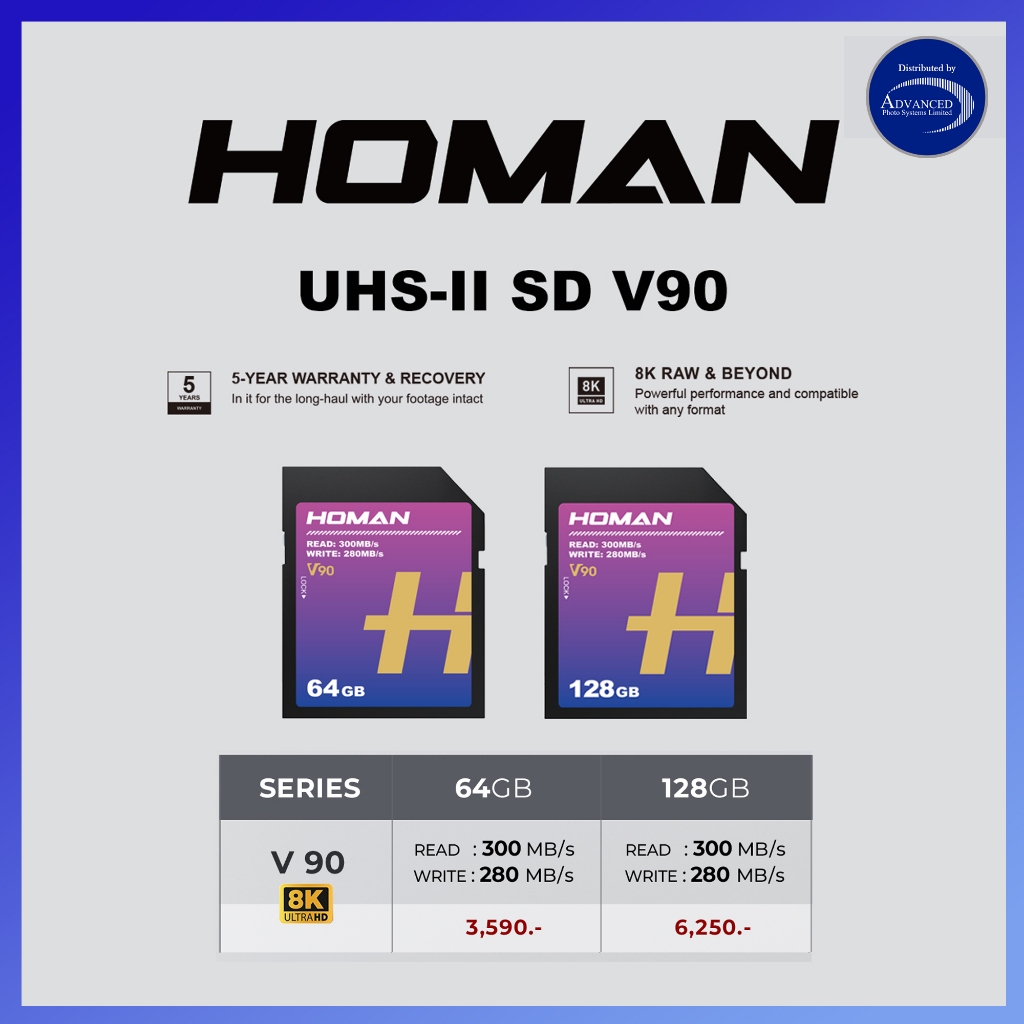 การ์ดหน่วยความจำ Homan UHS-II SD Card (V90) รองรับไฟล์ Full HD 8K RAW (รับประกัน 5 ปี)
