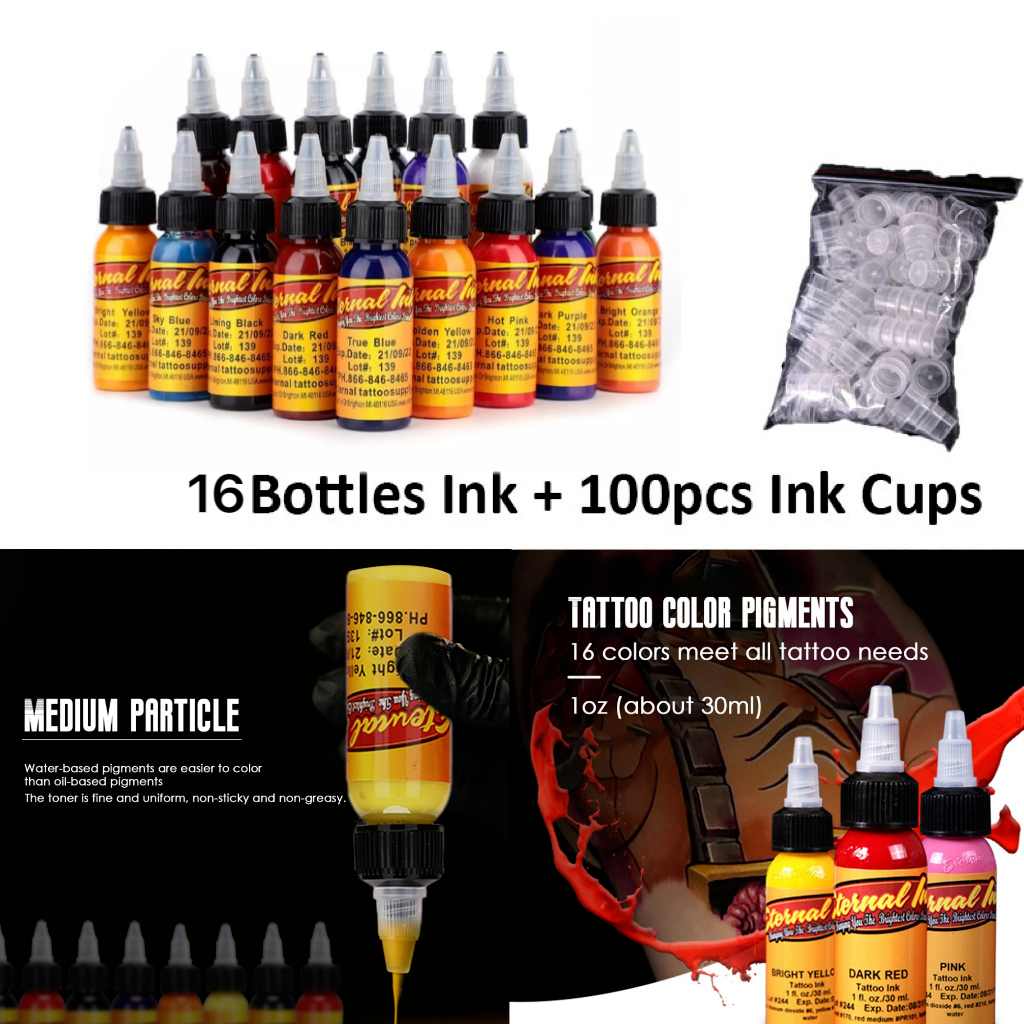 16ขวด30มล สีหมึกสักลายแท้ พร้อมถ้วยหมึก tatto ink สีสักลายของแท้ สีสักลา