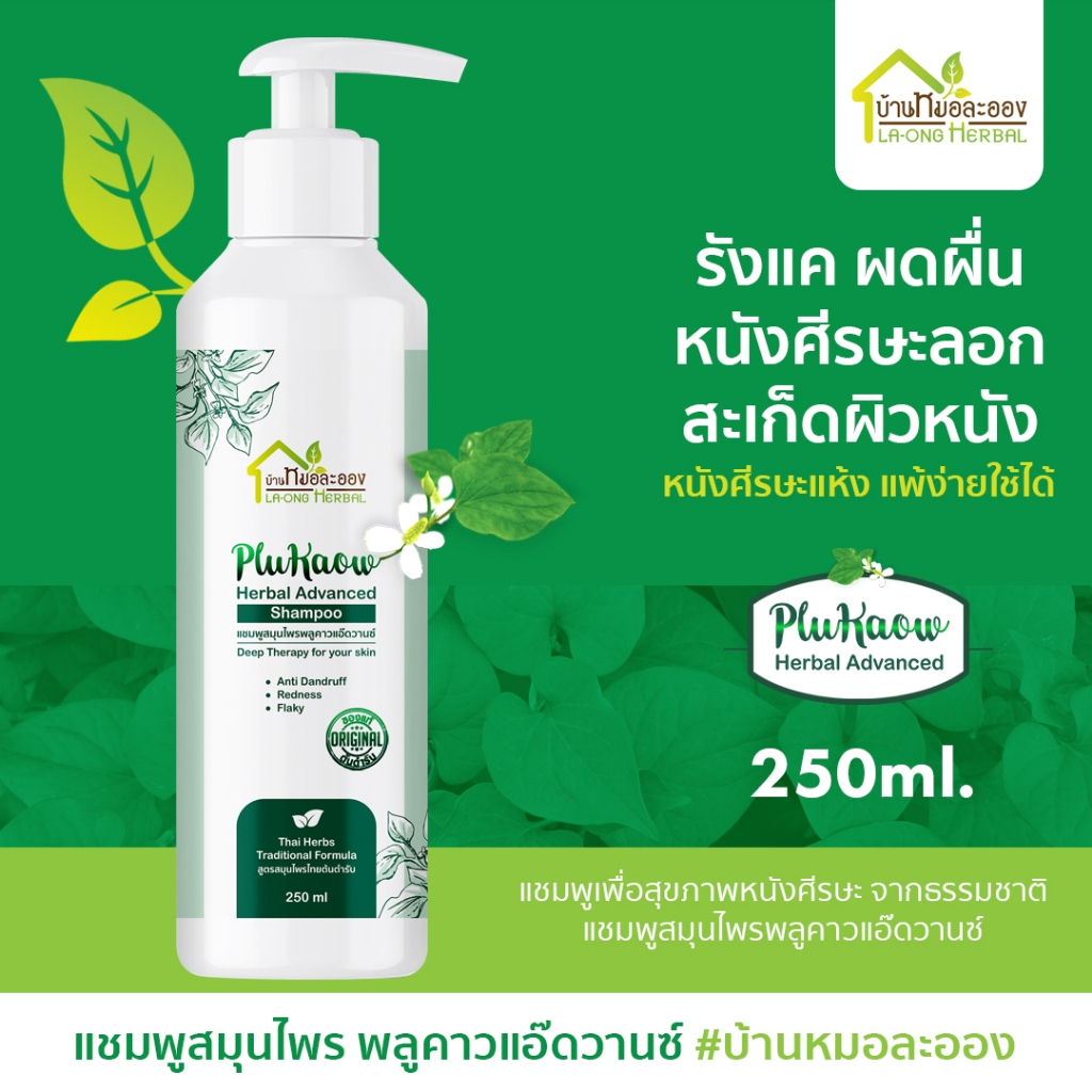 บ้านหมอละออง แชมพูสมุนไพร พลูคาวแอ๊ดวานซ์ 250ml. แชมพูธรรมชาติ ศีรษะแห้ง รังแค จากสะเก็ดเงินก็ใช้ได้