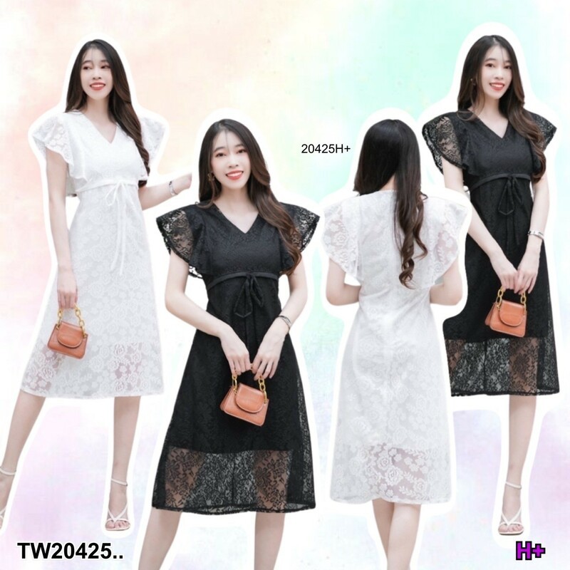ส่งไว 1-2วันถึง เดรสลูกไม้คอวี แขนระบาย ผูกโบว์ด้านหน้า มีซิปซ่อนด้านหลัง มีซัปในทั้งชุด