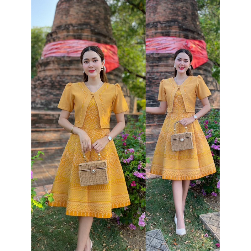 สุพรรณษาเดรสผ้าไทยผ้าทอลายขอสีเหลือง แต่งกั๊ก อัดกาวท้งชุด กระโปรงบานทรงย้วยต่อ 8 ชิ้น Dress ThaiDress