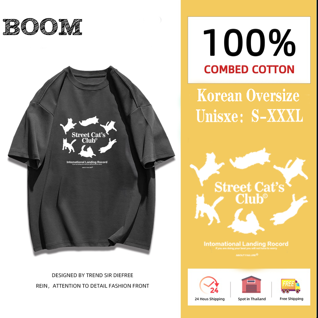 (จัดส่งในกรุงเทพฯ)BOOM SHOP ดีไซน์ดั้งเดิมญี่ปุ่นแมวพิมพ์ผ้าฝ้ายเสื้อยืดแขนสั้นผู้หญิง 2024 ฤดูร้อนคู่ใหม่เสื้อ