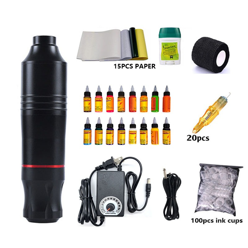 เครื่องสัก ไร้สายเลาย ปากกาสัก ครบชุด เม็ดสี Tattoo Machine