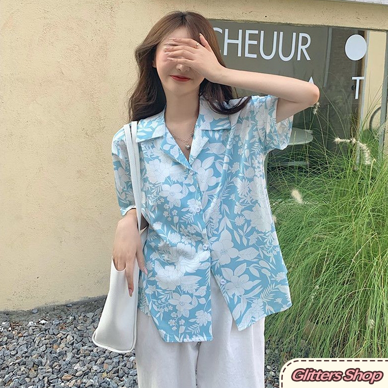 พร้อมส่ง เสื้อฮาวาย แขนสั้น ลายดอกไม้ เหมาะกับฤดูร้อน ทรงหลวม สาวอ้วนเบาๆ สงกรานต์ หวาน น่ารัก ลำลอง