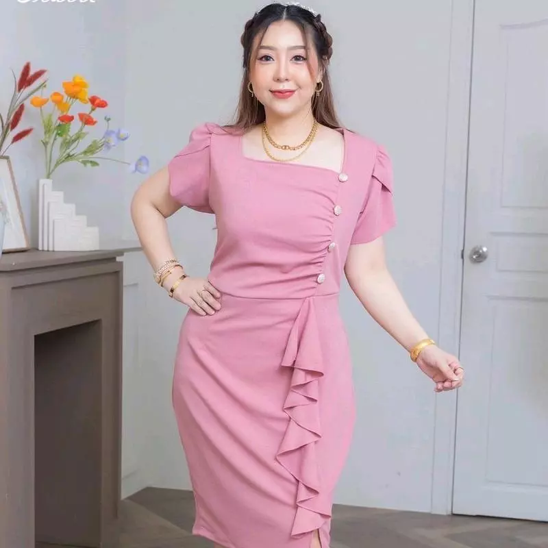 เดรสสาวอวบ รอบอก 36-48 นิ้ว รุ่นกระดุม 4 เม็ด แขนบัว รุ่นขายดี งานมีซิปหลัง พร้อมส่ง