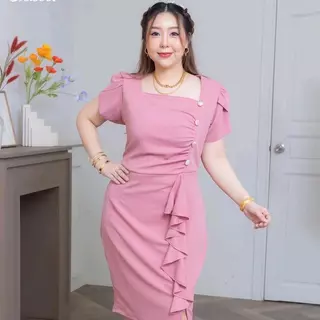 เดรสสาวอวบ รอบอก 36-48 นิ้ว รุ่นกระดุม 4 เม็ด แขนบัว รุ่นขายดี งานมีซิปหลัง พร้อมส่ง