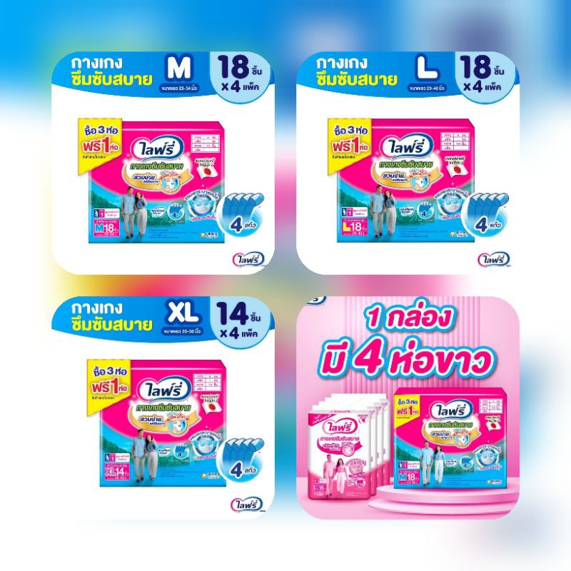 [เลือกไซส์เลย] Lifree ไลฟ์รี่ ผ้าอ้อมลด ผู้ใหญ่ กางเกงซึมซับสบาย ไซส์ M 18 ชิ้น / L /XL
