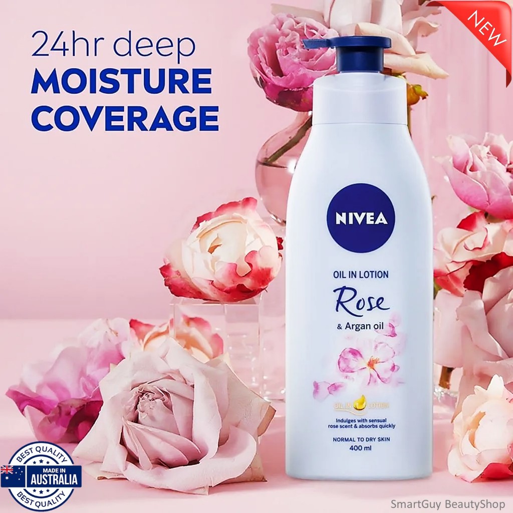 NIVEA OIL IN LOTION ROSE & ARGAN OIL 400ML โลชั่นบำรุงผิวกายเพิ่มความชุ่มชื้นผิวแลดูอ่อนกว่าวัยสูตรพิเศษสินค้านำเข้า