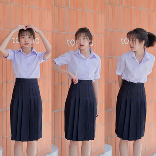 กระโปรงนักเรียนทรงแคบ สีกรมเข้ม-สีดำ ตีเกล็ด 5.5 นิ้วผ้ามัน ดีวาย กระเป๋าลับ ซิปซ่อน ตะขอปรับ 3 ระดับ ความยาว 22“-26”