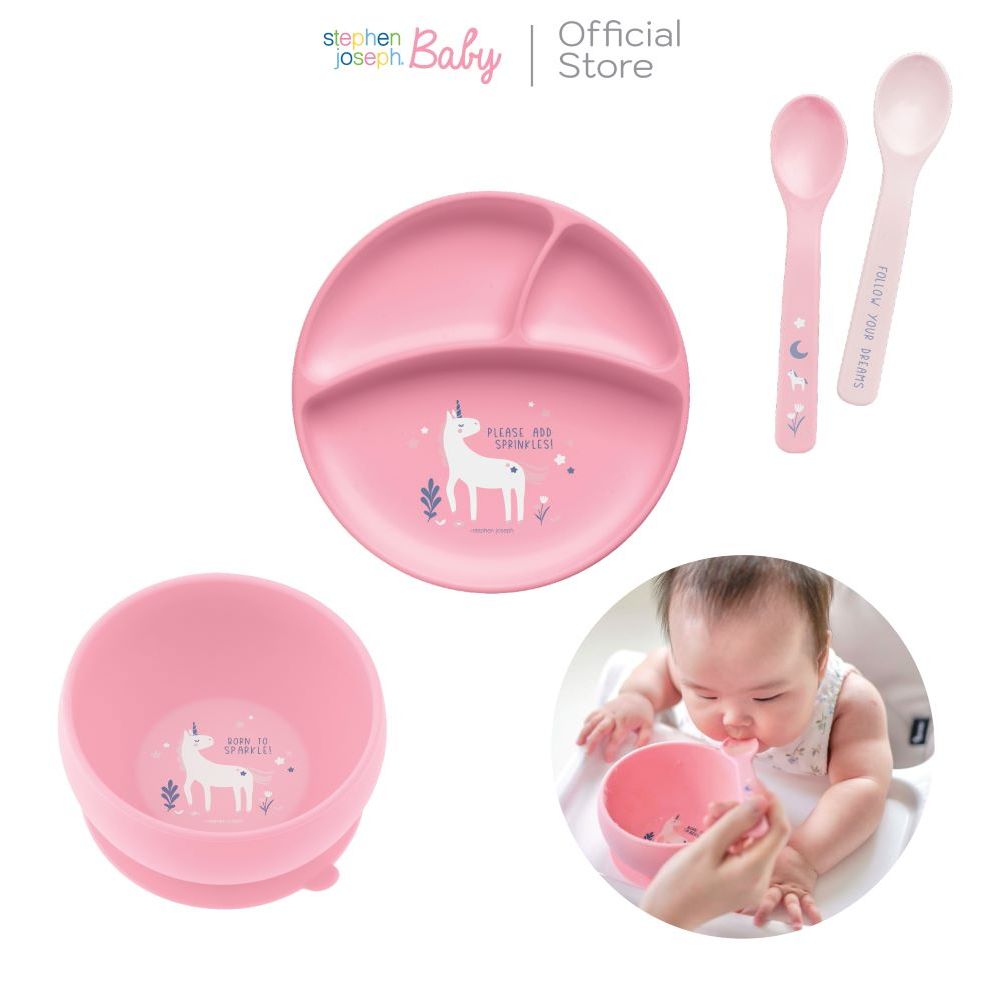 Stephen Joseph Baby ชุดเซ็ทยูนิคอร์น จานชามซิลิโคนพรีเมียม พร้อมถ้วยดูดกันหล่น ยอดนิยมจากอเมริกา ผลิตจากซิลิโคนฟู้ดเกรด