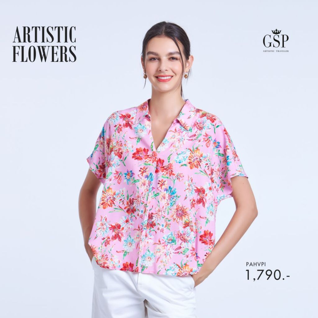 GSP เสื้อผู้หญิง อาร์ททิสติก ฟลาวเวอร์ ทรงหลวมแขนล้ำ สีชมพู PAHVPI
