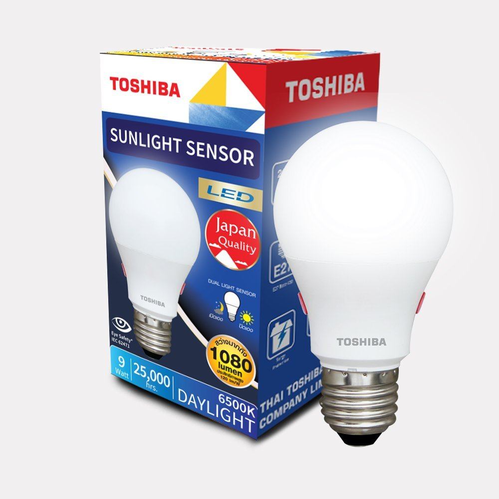 TOSHIBA หลอดไฟ LED Sunlight Sensor 9 วัตต์ เซ็นเซอร์ เปิด ปิด อัตโนมัติ สีขาว/เหลือง  รับประกัน 1 ปี สะดวก ปลอดภัย