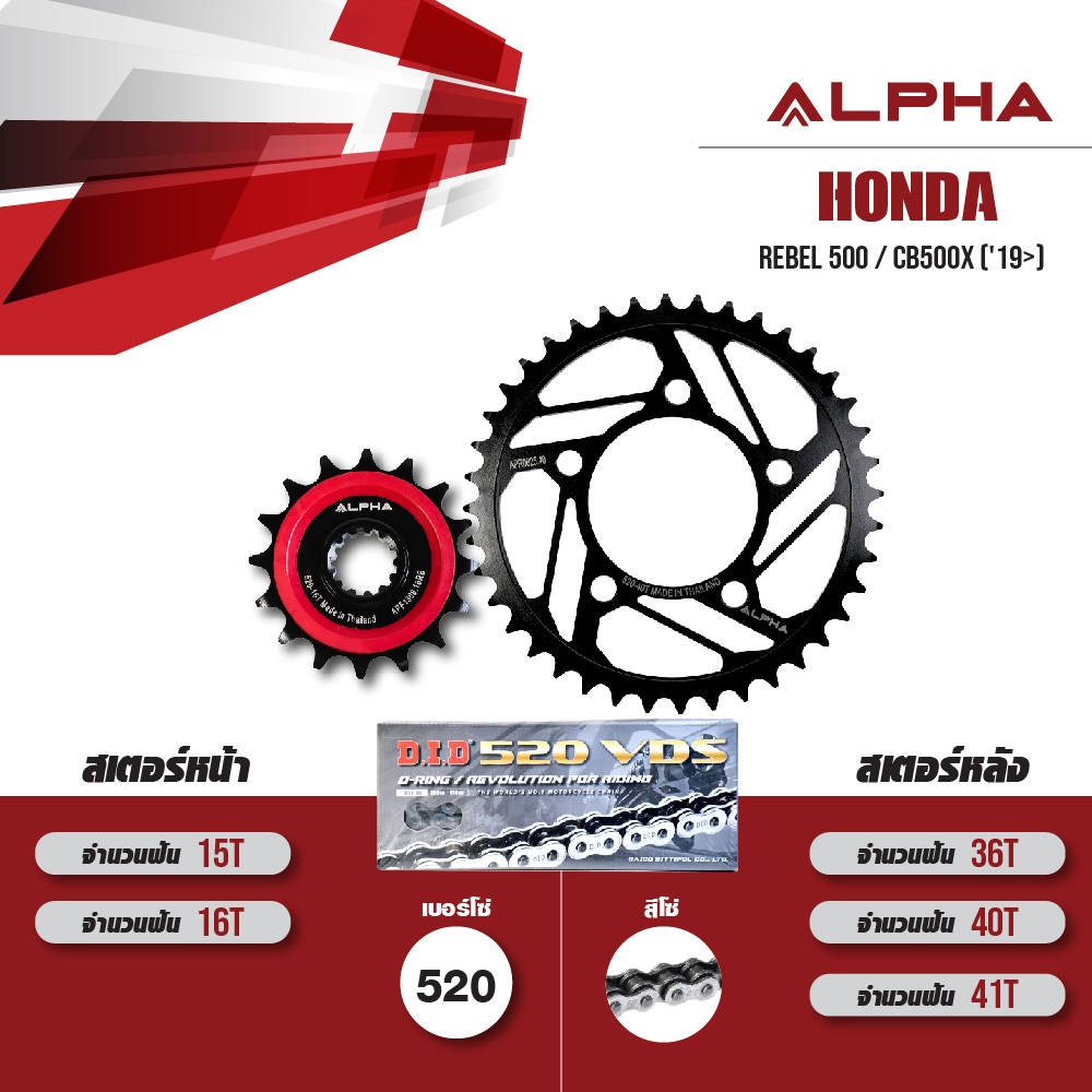 ALPHA ชุดโซ่สเตอร์ เปลี่ยน Honda Rebel 500 / CB500X ('19>) / CBR500R ('22-'23) โซ่ D.I.D VDS 520 สีเ