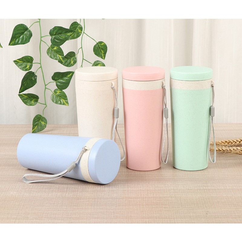 แก้วน้ำเก็บอุณหภูมิสีพาสเทล ทำจากฟางข้าวสาลี พร้อมสายหูหิ้ว 👉ออกใบกำกับภาษีได้
