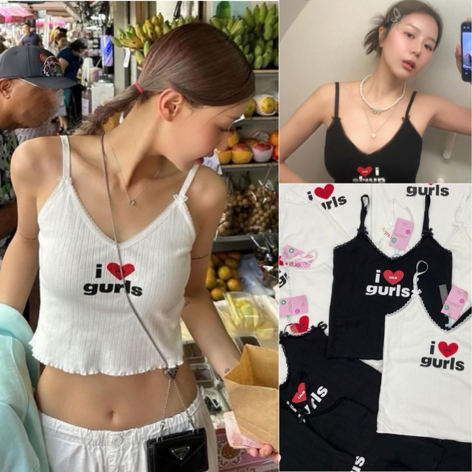 ￼I gurls lace crop เสื้อสายเดี่ยวทรงครอป ดีเทลแต่งขอบลูกไม้ รุ่นนี้ฮิตสุดๆ สไตล์พส.เกาหลีงานสกรีนด้านหน้า