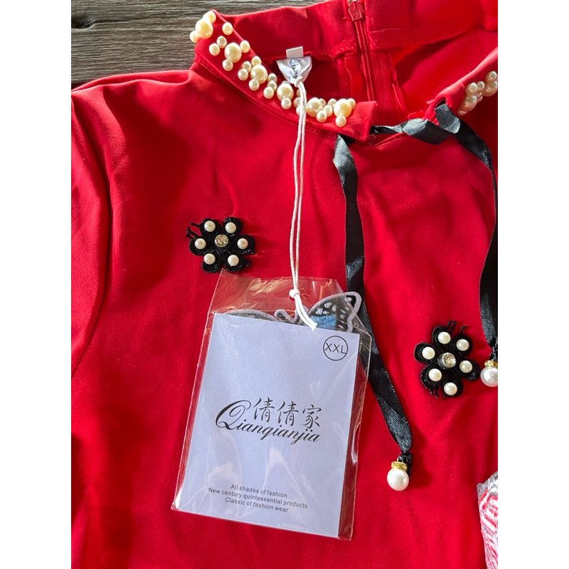 เดรสมีแดงคอปักมุกผไชต์ xxl